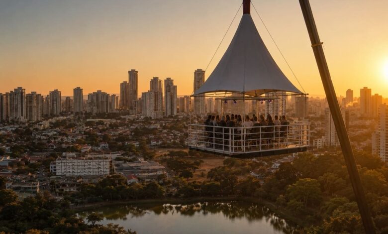 bar suspenso Goiânia, bar suspenso 40 metros de altura Goiânia, bar suspenso vista Parque Vaca Brava Goiânia, Drink in the Sky, Drink in the Sky Goiânia